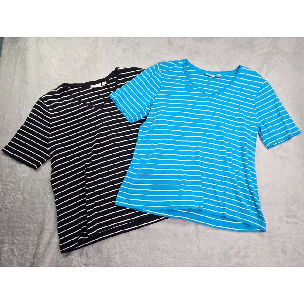 2 Pc Lot Chico's Women's Sz 2 Large Short Sleeve Shirts Blue Black 100% Cotton